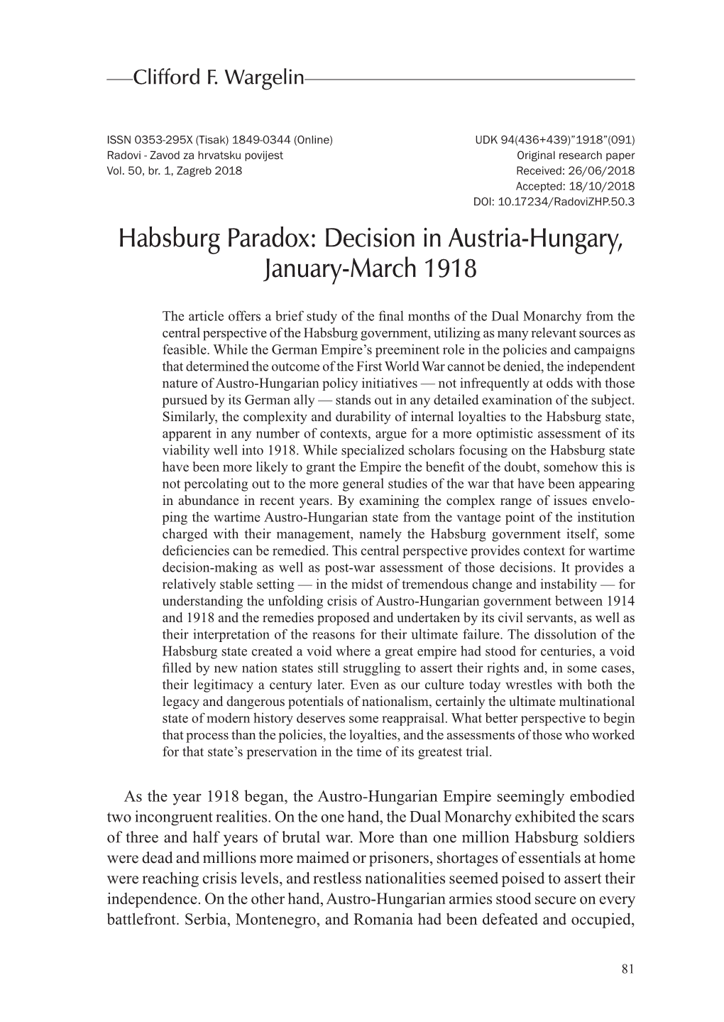 Habsburg Paradox: Decision in Austria-Hungary, January-March 1918