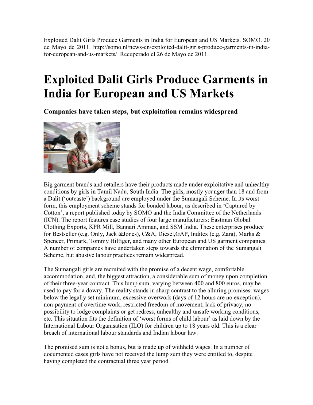 Exploited Dalit Girls Produce Garments in India for European and US Markets