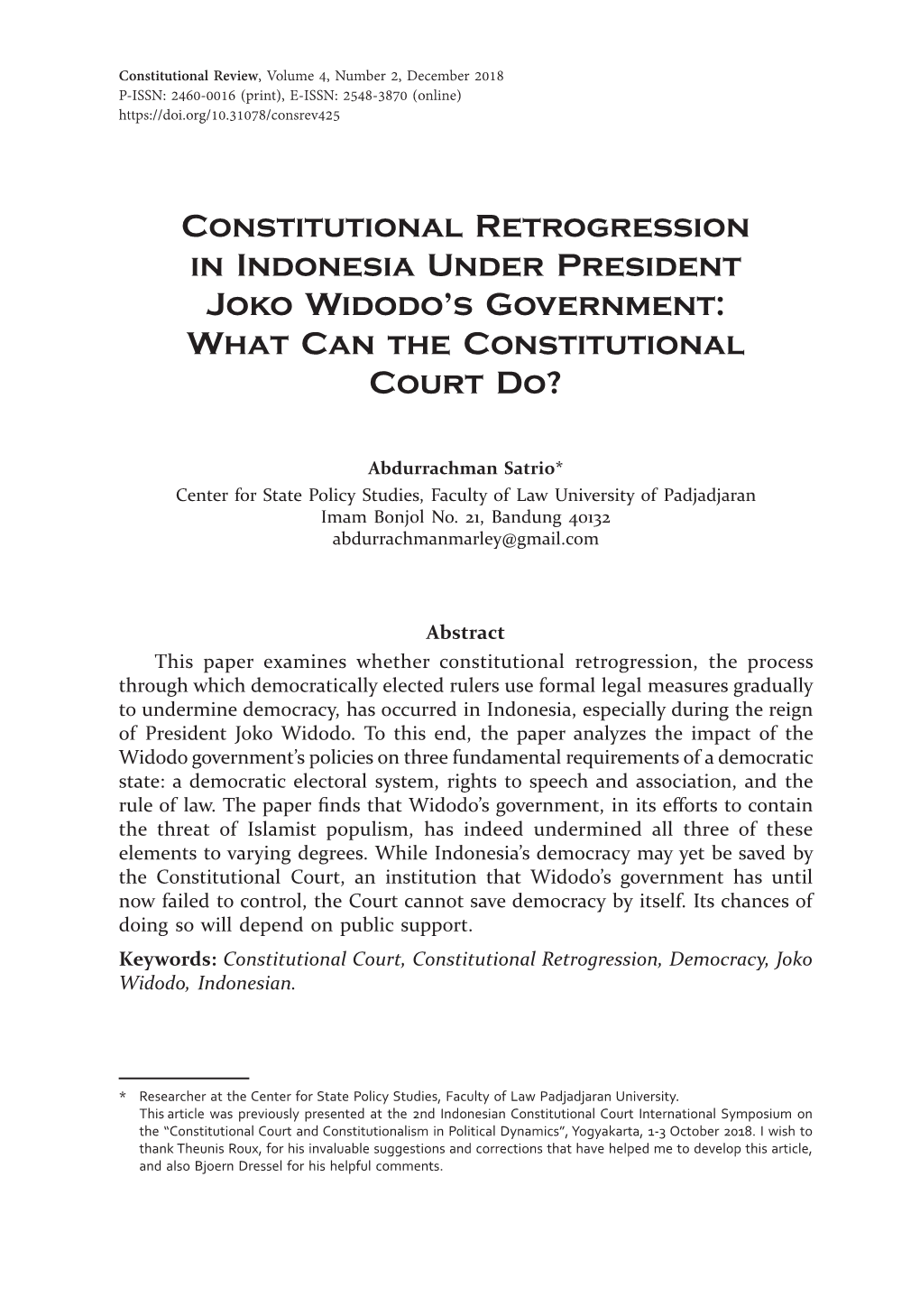 Constitutional Retrogression in Indonesia Under President Joko Widodo’S Government: What Can the Constitutional Court Do?