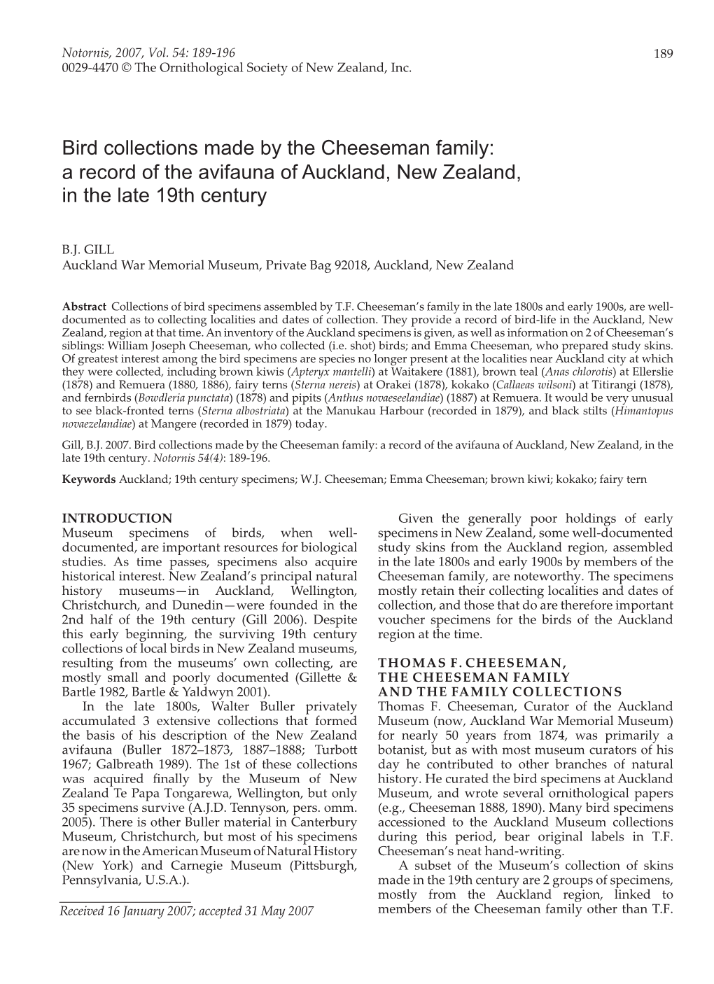 Bird Collections Made by the Cheeseman Family: a Record of the Avifauna of Auckland, New Zealand, in the Late 19Th Century