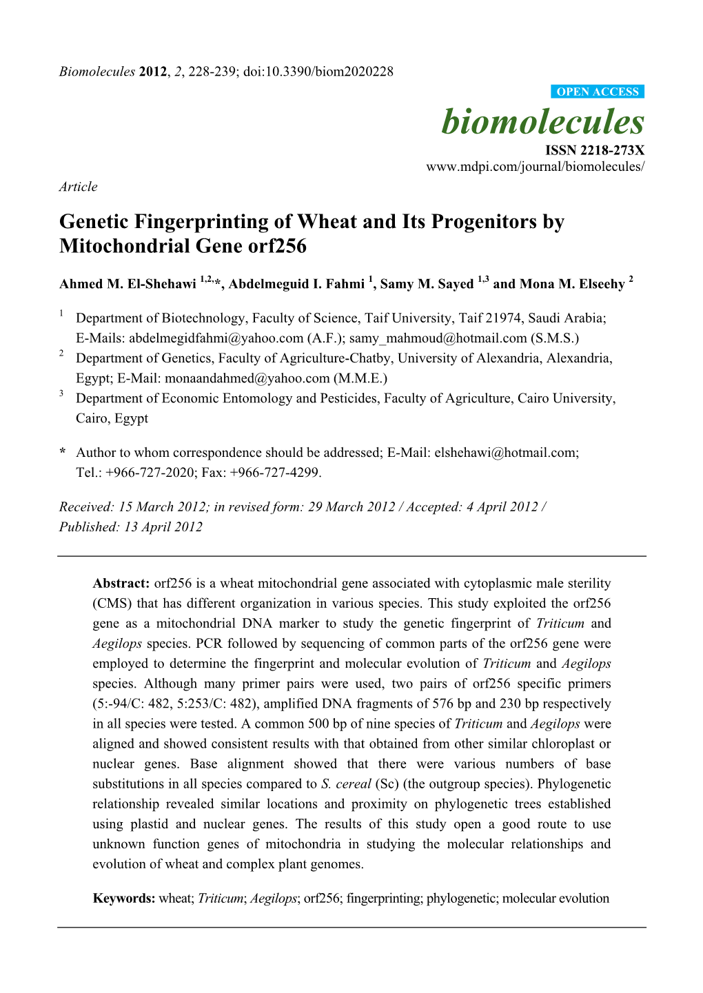 Genetic Fingerprinting of Wheat and Its Progenitors by Mitochondrial Gene Orf256