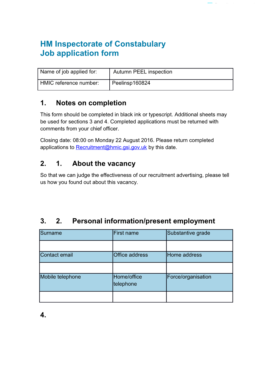 HM Inspectorate of Constabulary Job Application Form