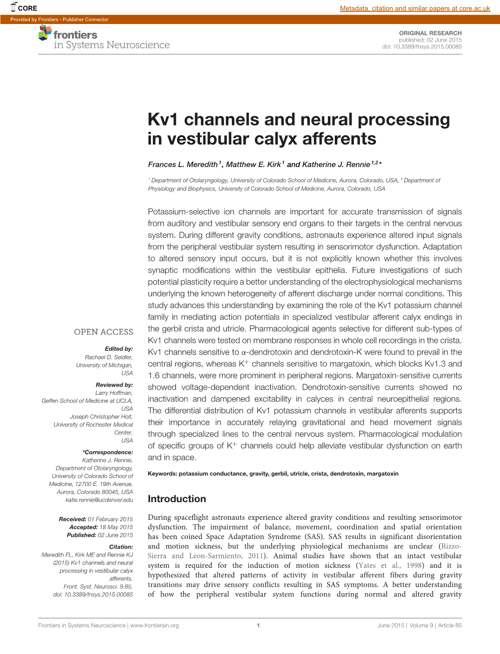 Kv1 Channels and Neural Processing in Vestibular Calyx Afferents
