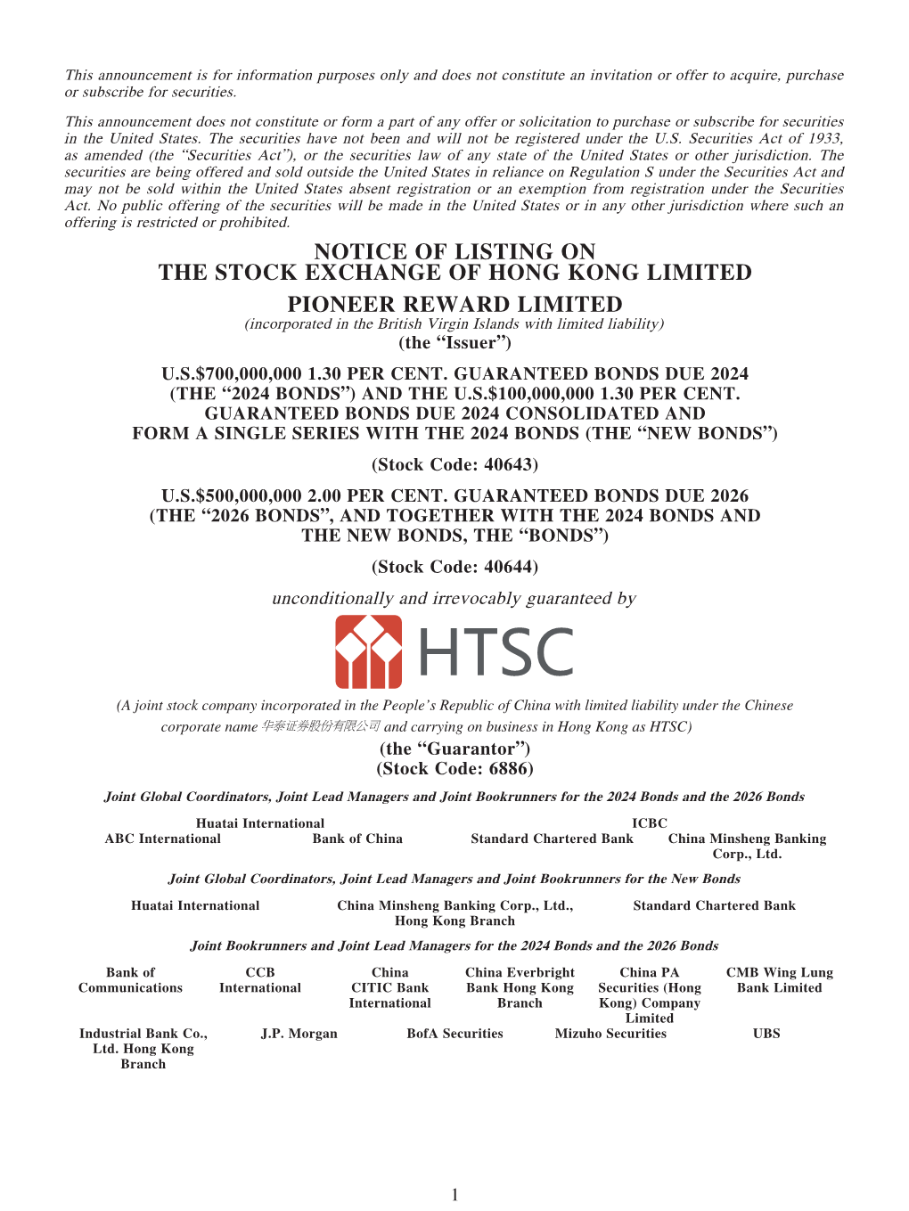 Notice of Listing on the Stock Exchange of Hong Kong