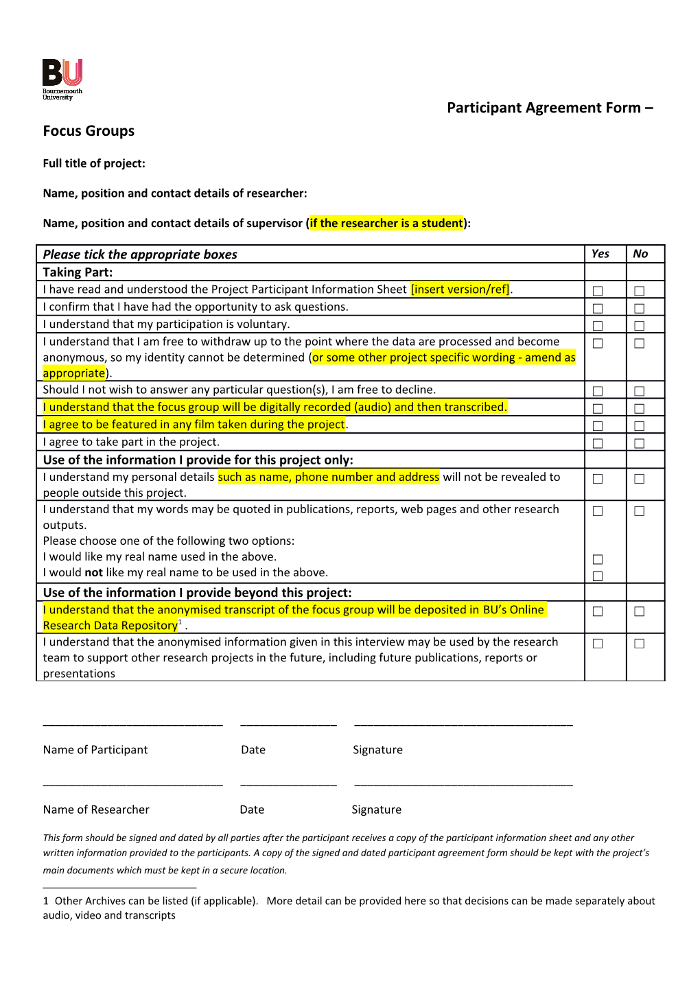 Participant Agreement Form TEMPLATE - Focus Groups