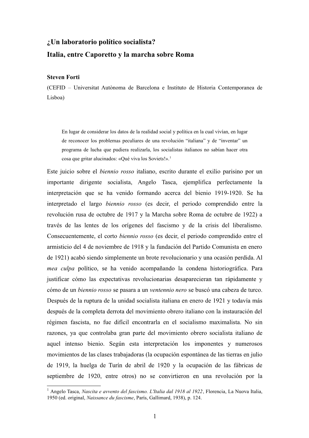 ¿Un Laboratorio Político Socialista? Italia, Entre Caporetto Y La Marcha Sobre Roma