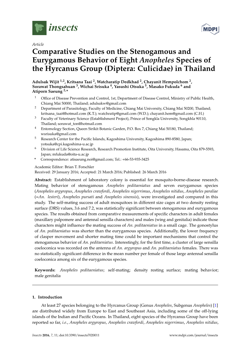 Comparative Studies on the Stenogamous and Eurygamous Behavior of Eight Anopheles Species of the Hyrcanus Group (Diptera: Culicidae) in Thailand