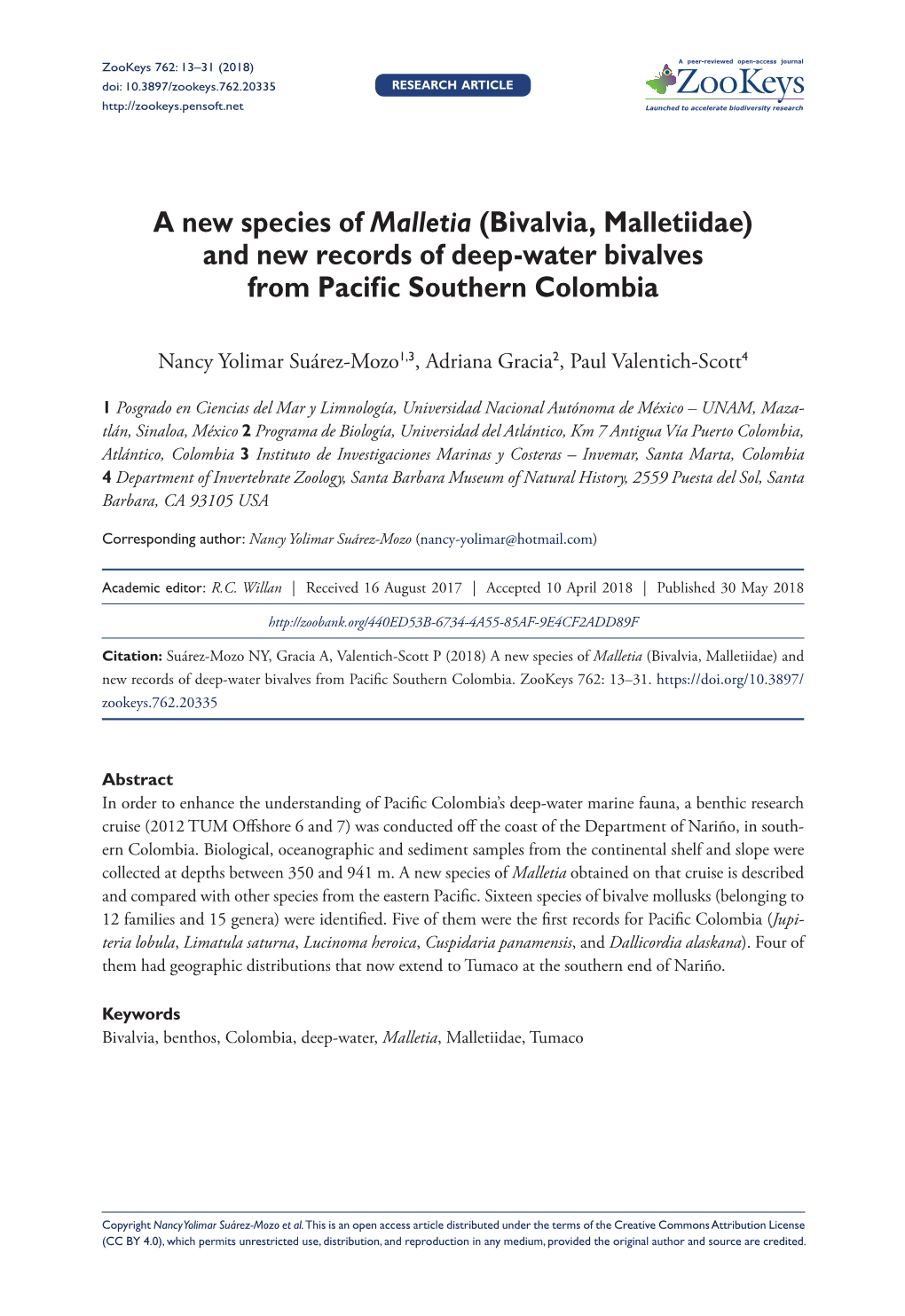 A New Species of Malletia (Bivalvia, Malletiidae) and New Records of Deep-Water Bivalves from Pacific Southern Colombia