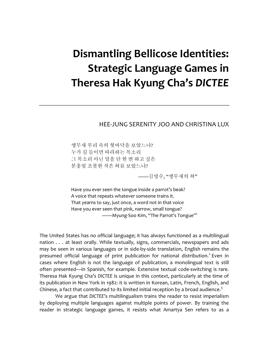 “Dictating the Nation: Multilingual Textuality in Theresa Cha's Dictée”