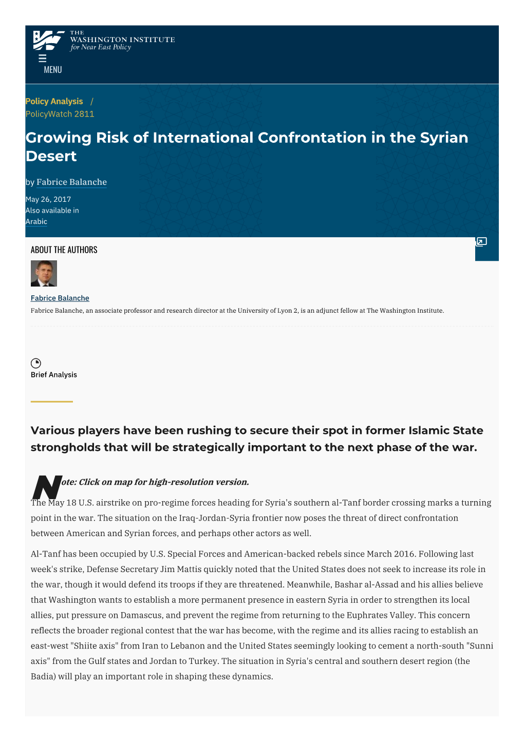Growing Risk of International Confrontation in the Syrian Desert by Fabrice Balanche