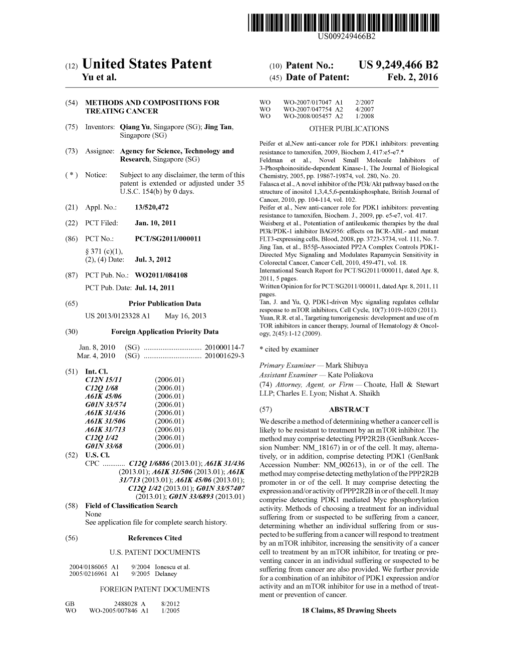 (12) United States Patent (10) Patent No.: US 9.249,466 B2 Yu Et Al