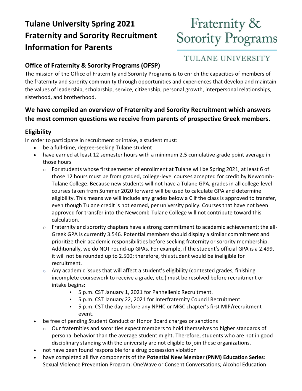 Tulane University Spring 2021 Fraternity and Sorority Recruitment Information for Parents