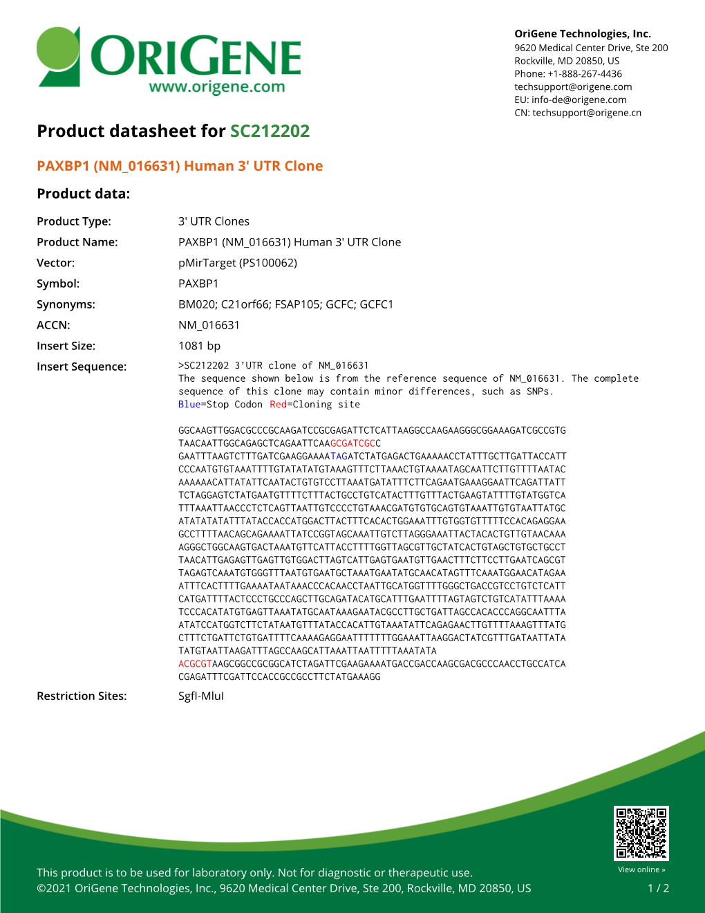 PAXBP1 (NM 016631) Human 3' UTR Clone – SC212202 | Origene