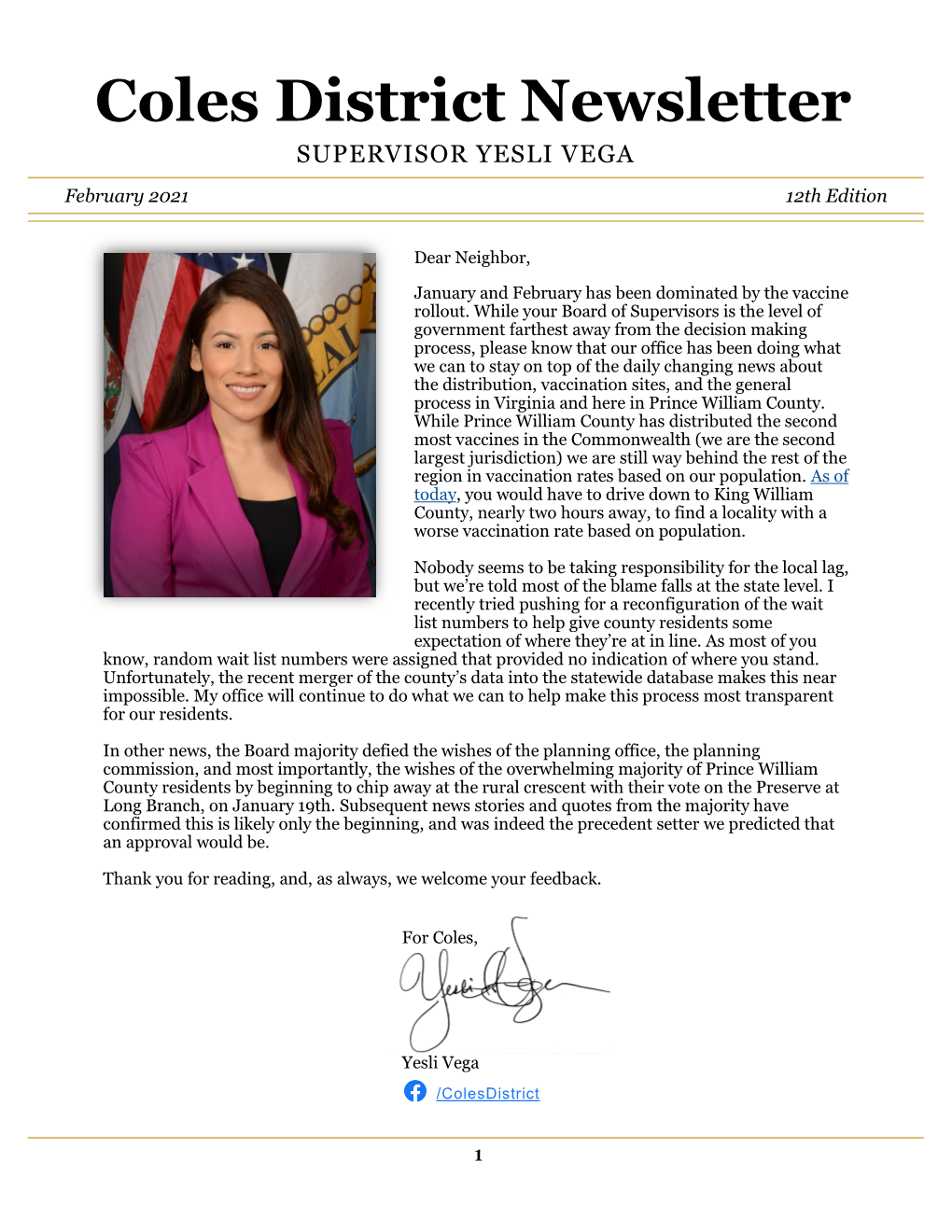 Coles District Newsletter SUPERVISOR YESLI VEGA