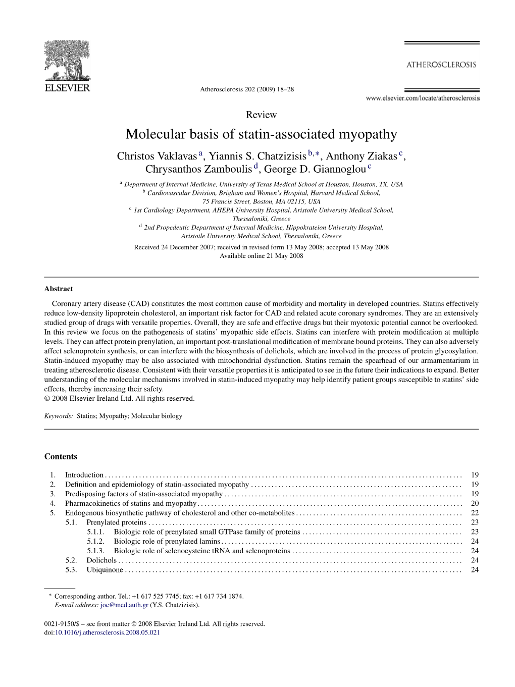 Molecular Basis of Statin-Associated Myopathy Christos Vaklavas A, Yiannis S