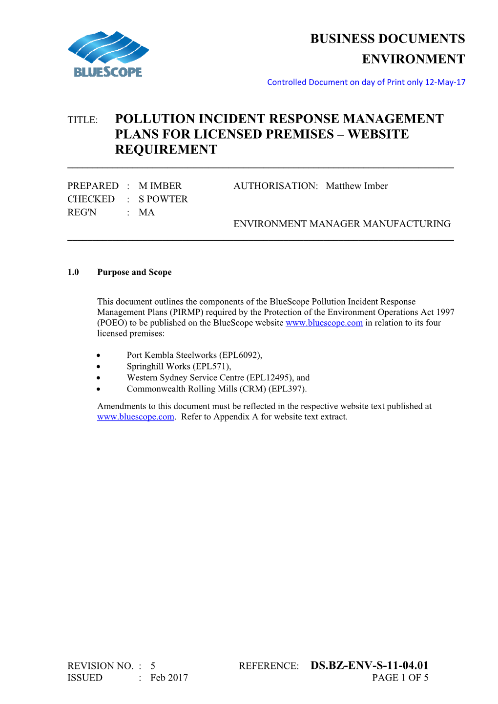 Business Documents Environment Pollution Incident Response