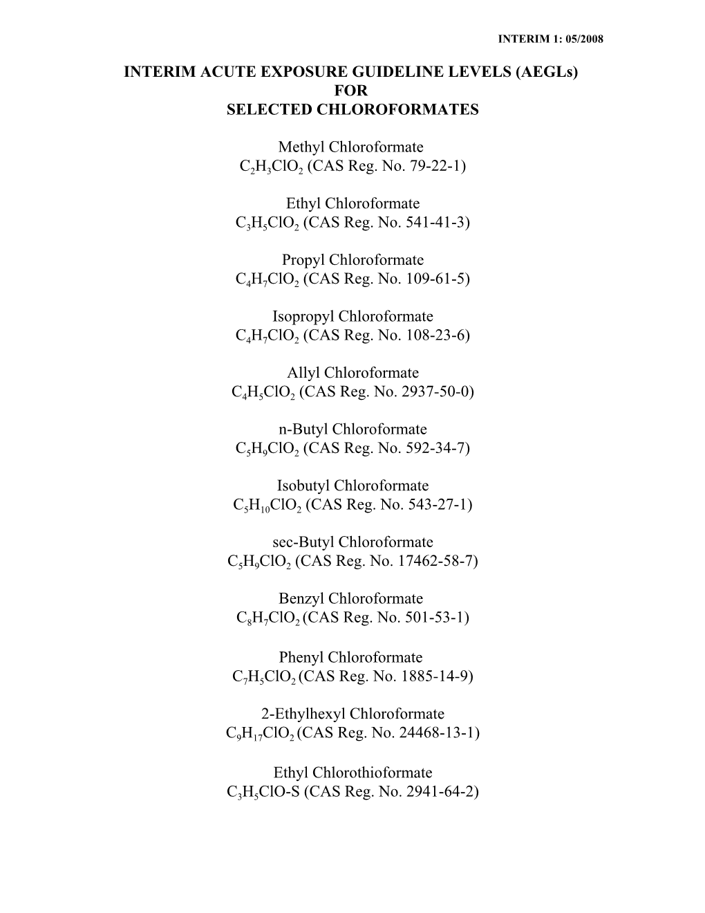 Chloroformates Interim AEGL Document