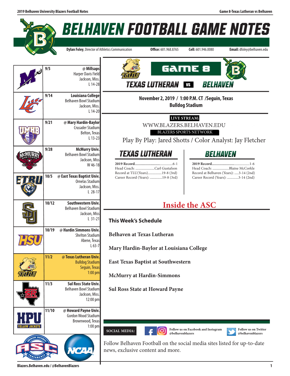 BELHAVEN FOOTBALL Game NOTES