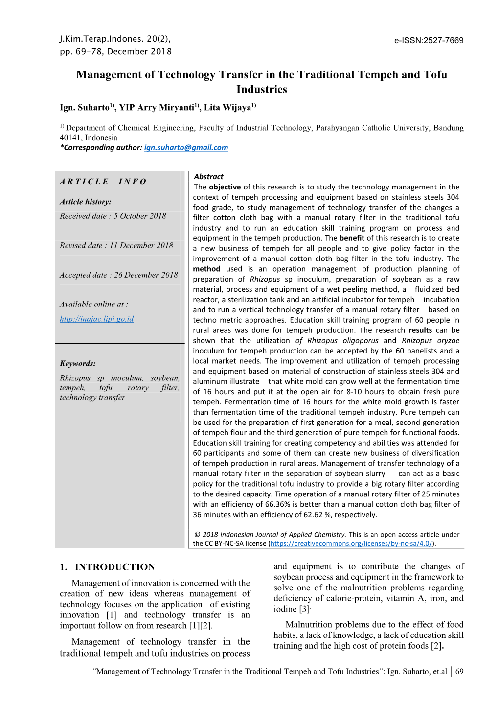 Management of Technology Transfer in the Traditional Tempeh and Tofu Industries Ign