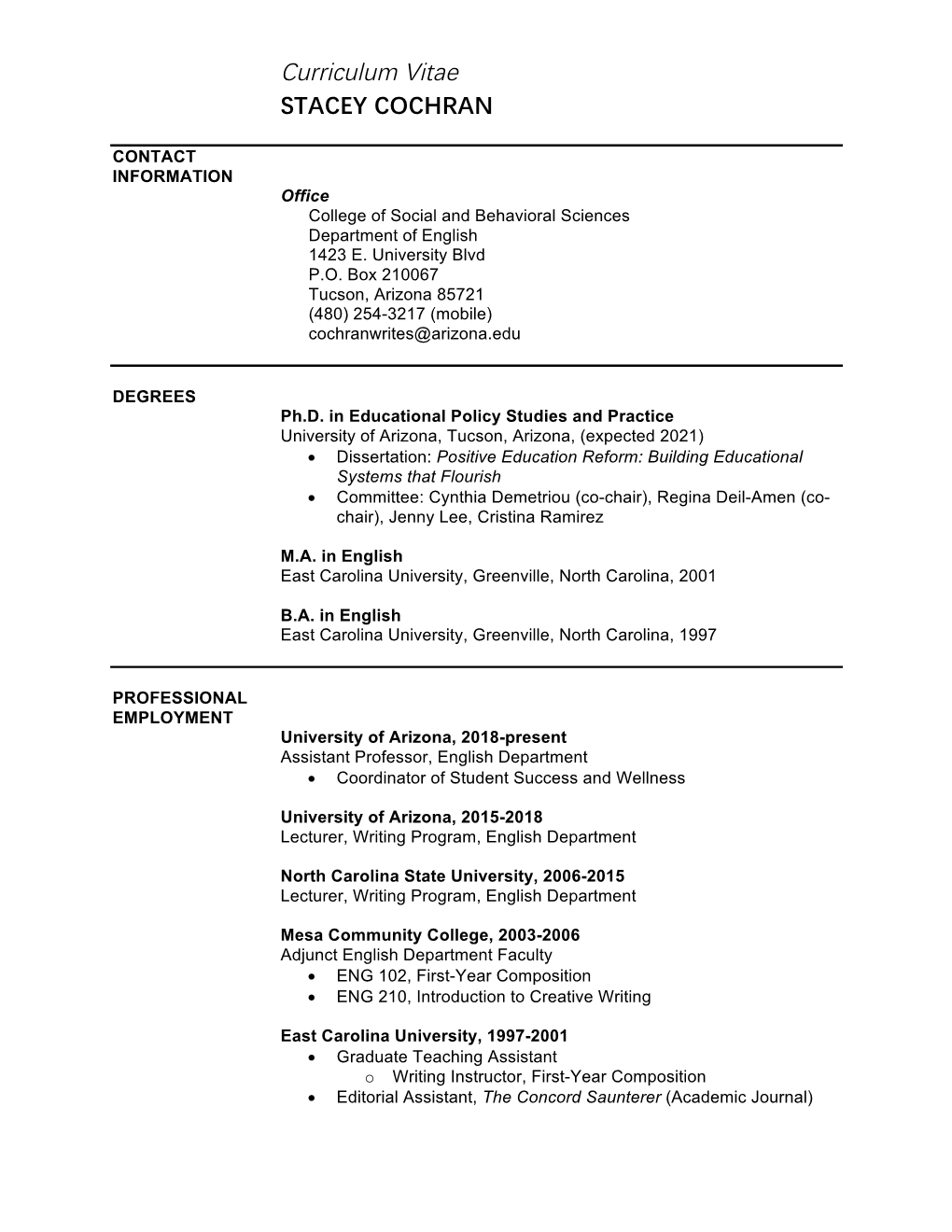 Curriculum Vitae STACEY COCHRAN