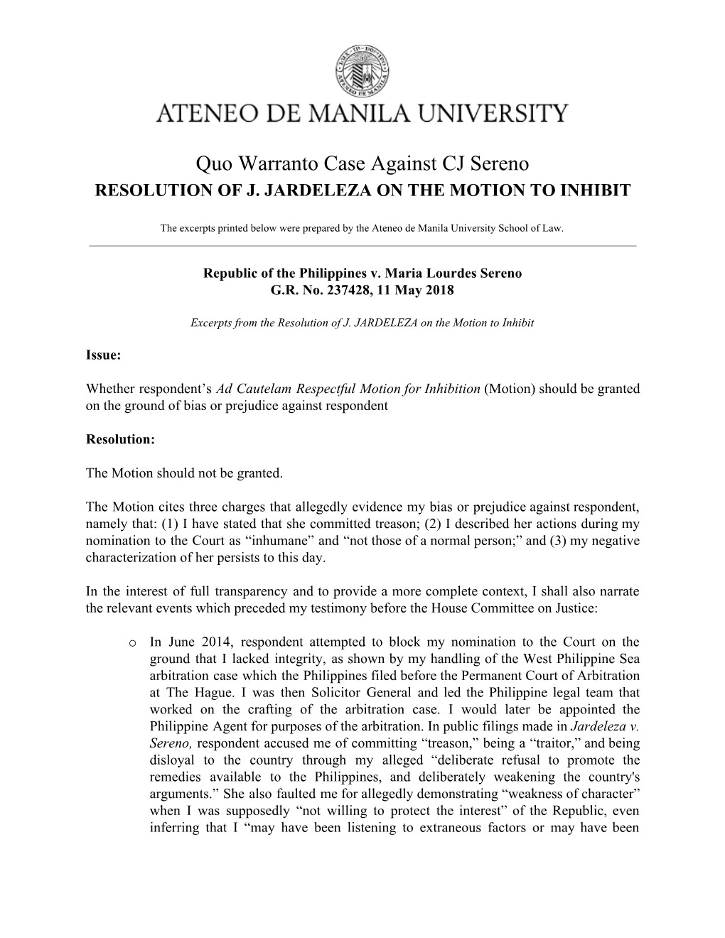 Quo Warranto Case Against CJ Sereno RESOLUTION of J