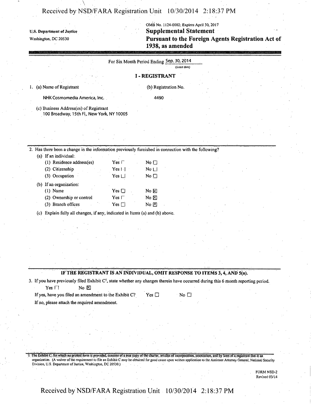 Received by NSD/FARA Registration Unit 10/30/2014 2:18:37 PM