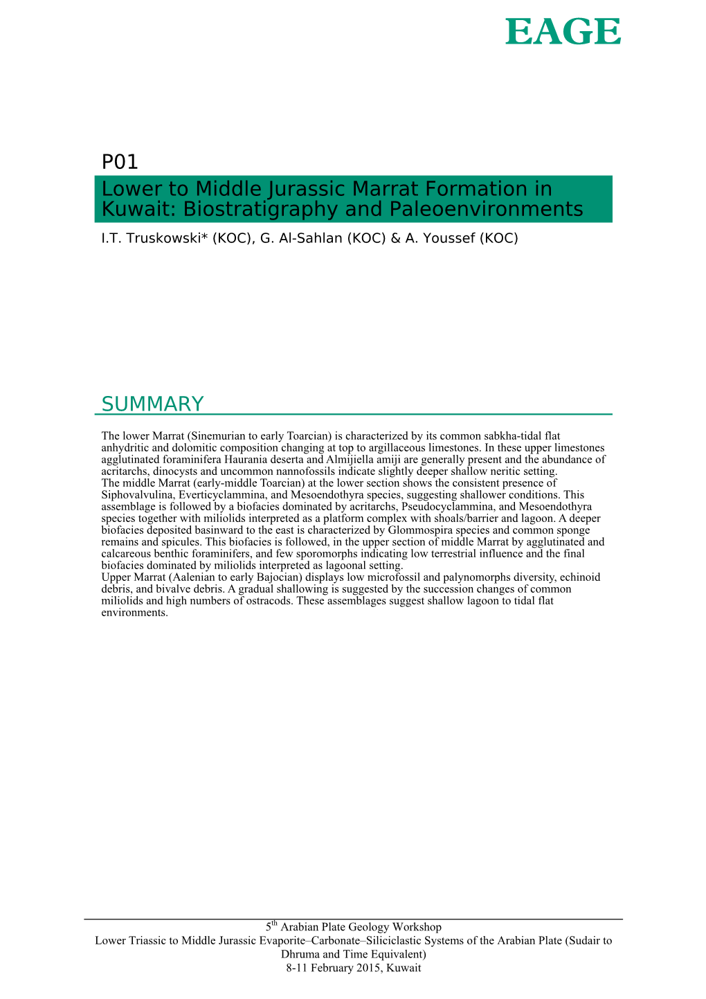 P01 Lower to Middle Jurassic Marrat Formation in Kuwait: Biostratigraphy and Paleoenvironments I.T