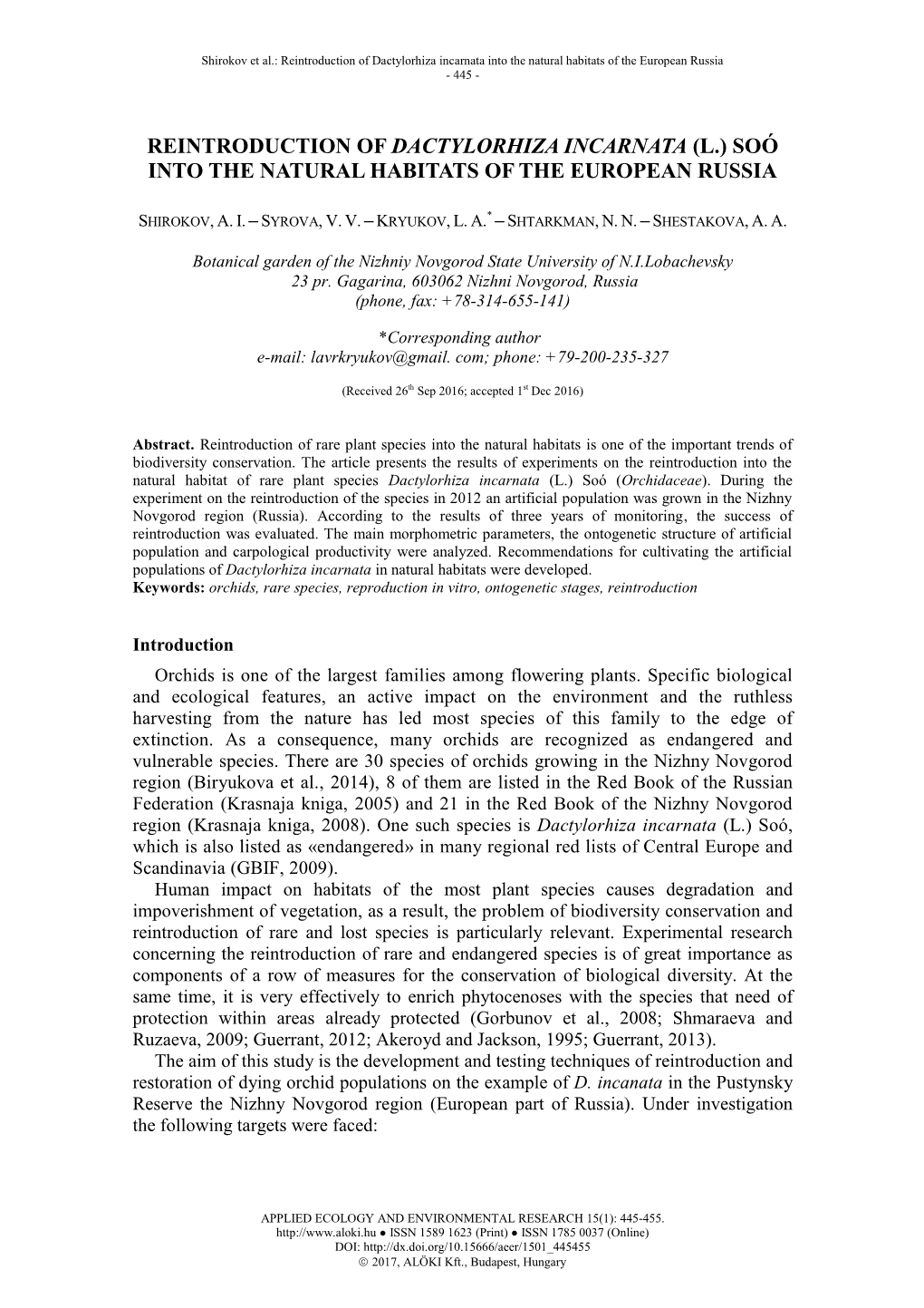 Reintroduction of Dactylorhiza Incarnata (L.) Soó Into the Natural Habitats of the European Russia