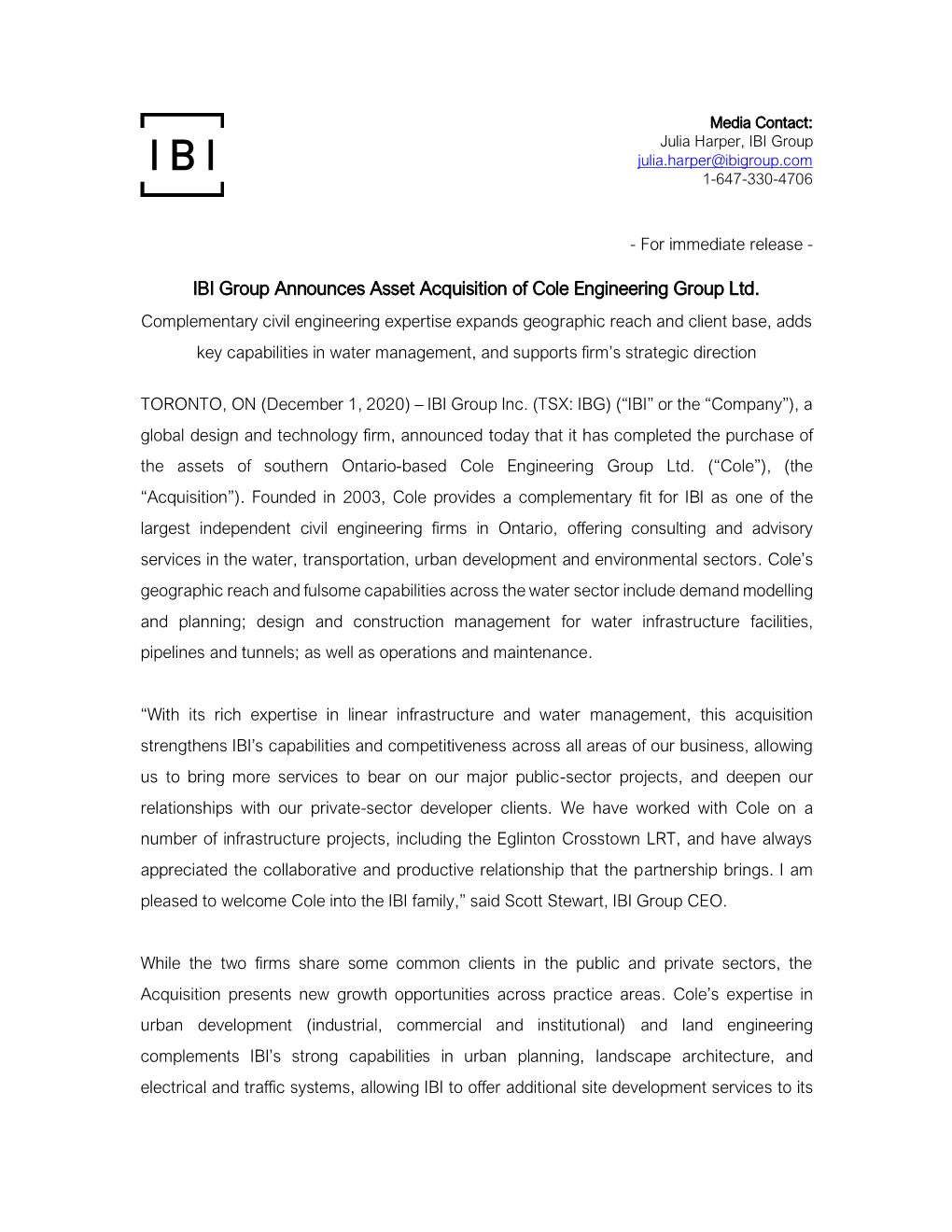 IBI Group Announces Asset Acquisition of Cole Engineering Group Ltd