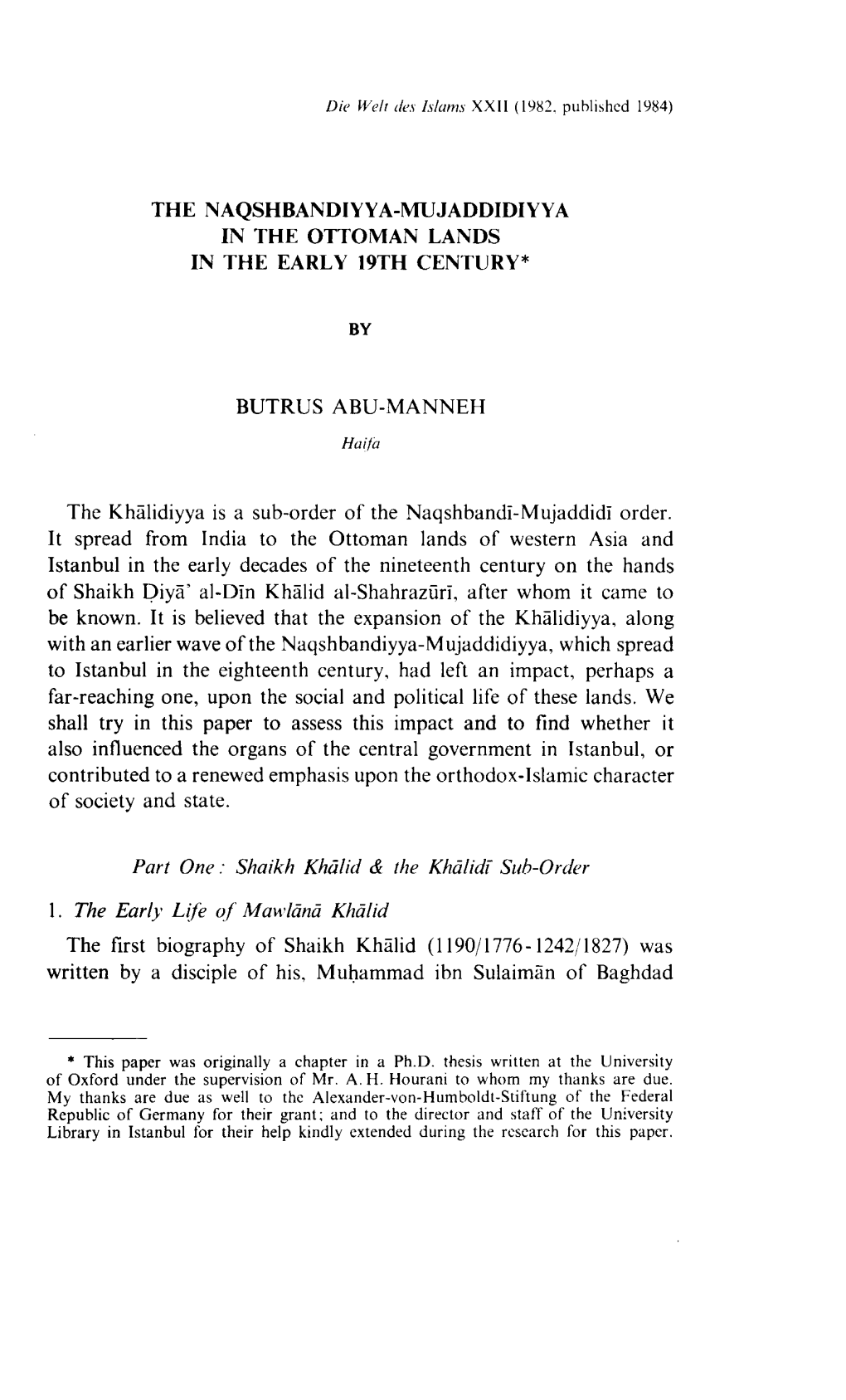 The Naqshbandiyya-Mujaddidiyya in the Ottoman Lands in the Early 19Th Century*