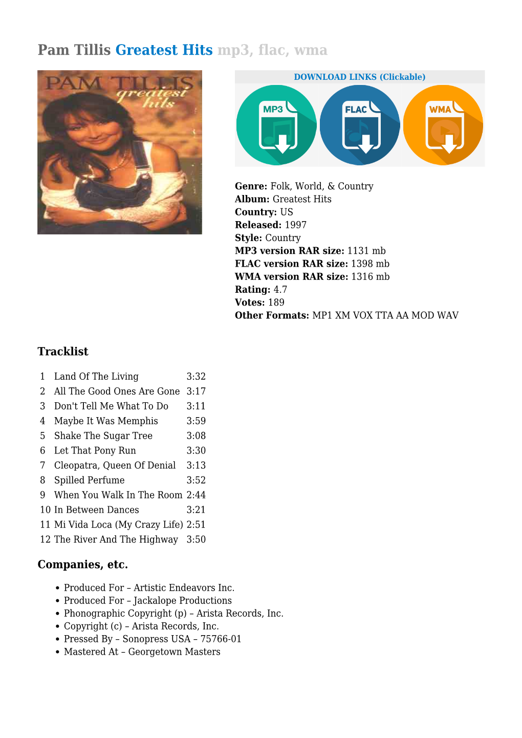 Pam Tillis Greatest Hits Mp3, Flac, Wma