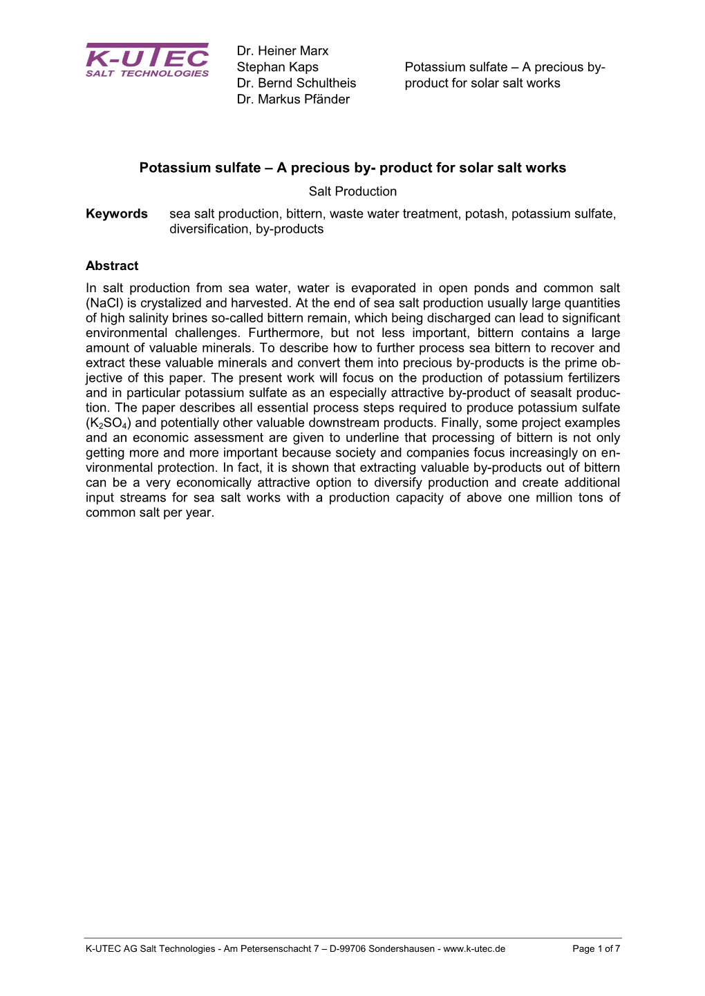 Potassium Sulfate – a Precious By- Product for Solar Salt Works