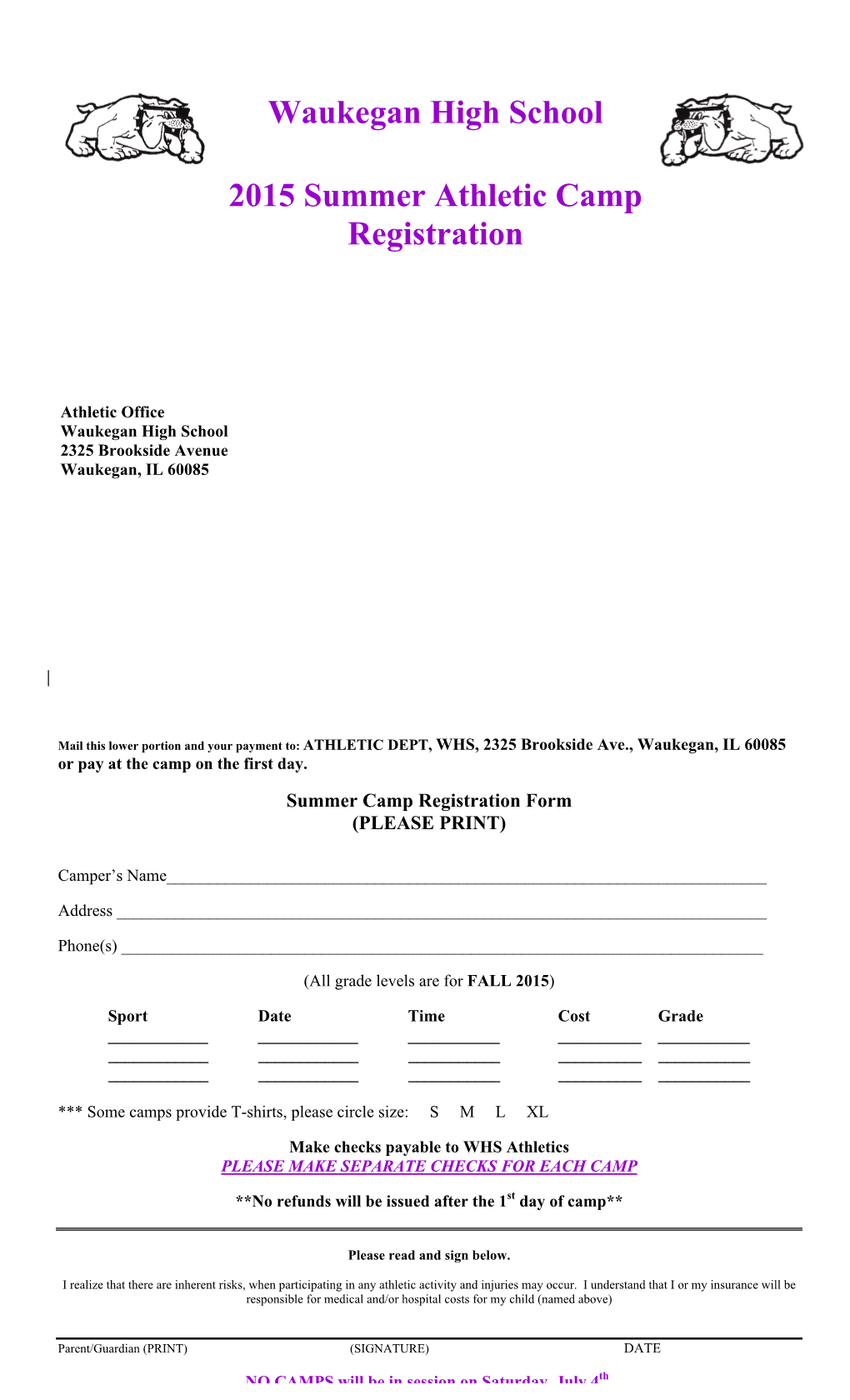 Waukegan High School 2015 Summer Athletic Camp Registration