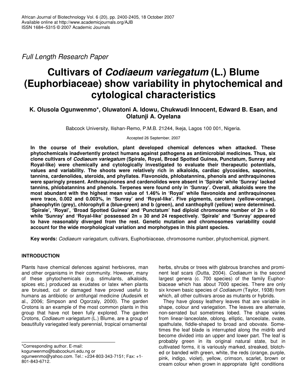 Cultivars of Codiaeum Variegatum (L.) Blume (Euphorbiaceae) Show Variability in Phytochemical and Cytological Characteristics