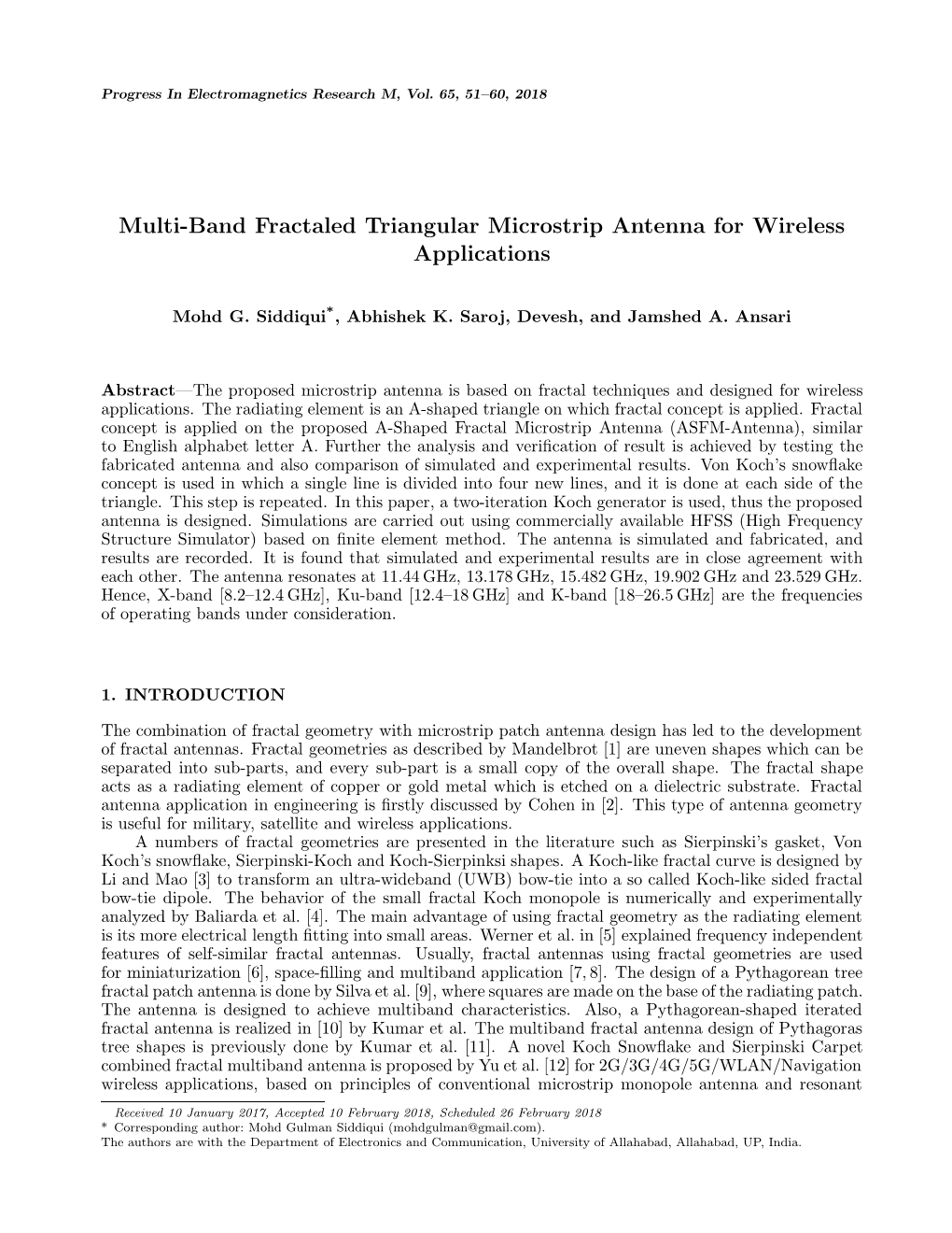 Multi-Band Fractaled Triangular Microstrip Antenna for Wireless Applications