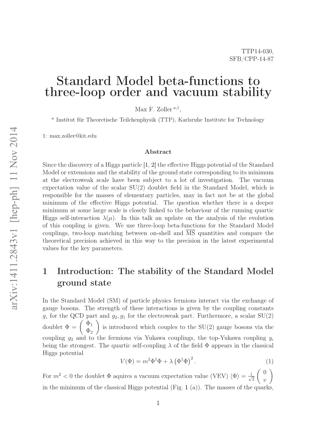 Standard Model Beta-Functions to Three-Loop Order and Vacuum Stability