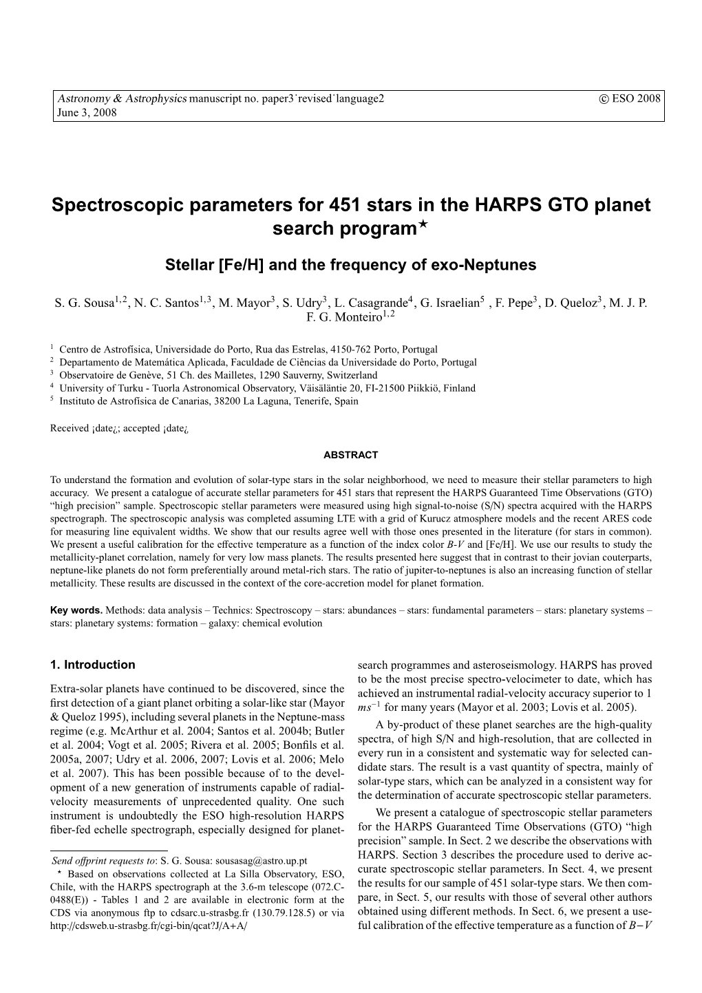 Spectroscopic Parameters for 451 Stars in the HARPS GTO Planet Search Program⋆