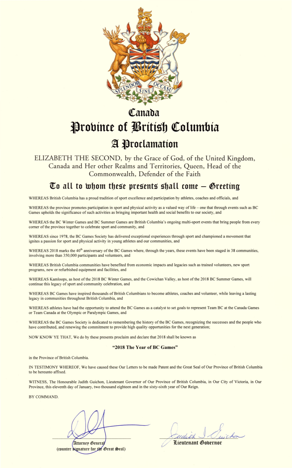 2018 the Year of BC Games Proclamation