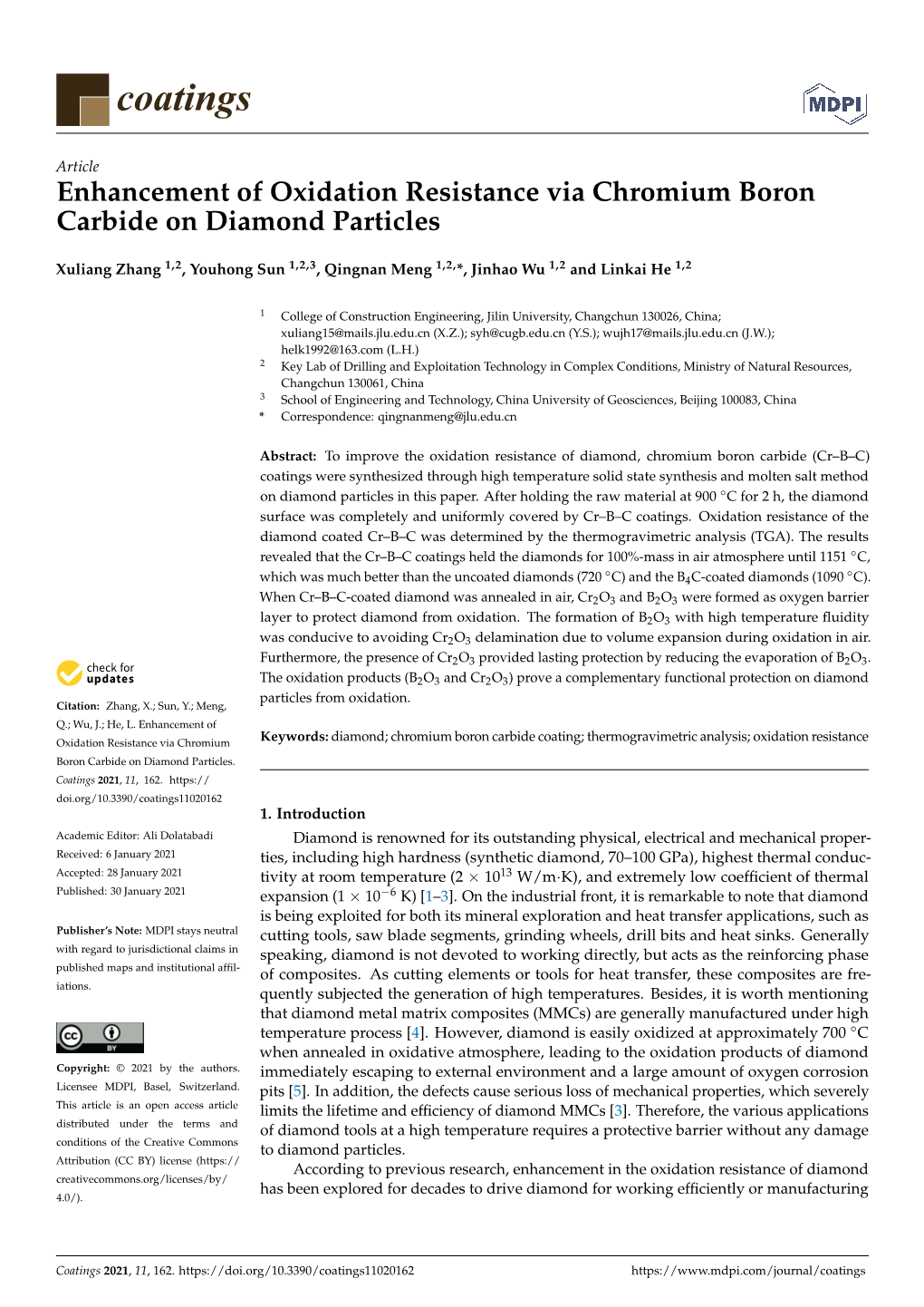 Enhancement of Oxidation Resistance Via Chromium Boron Carbide on Diamond Particles