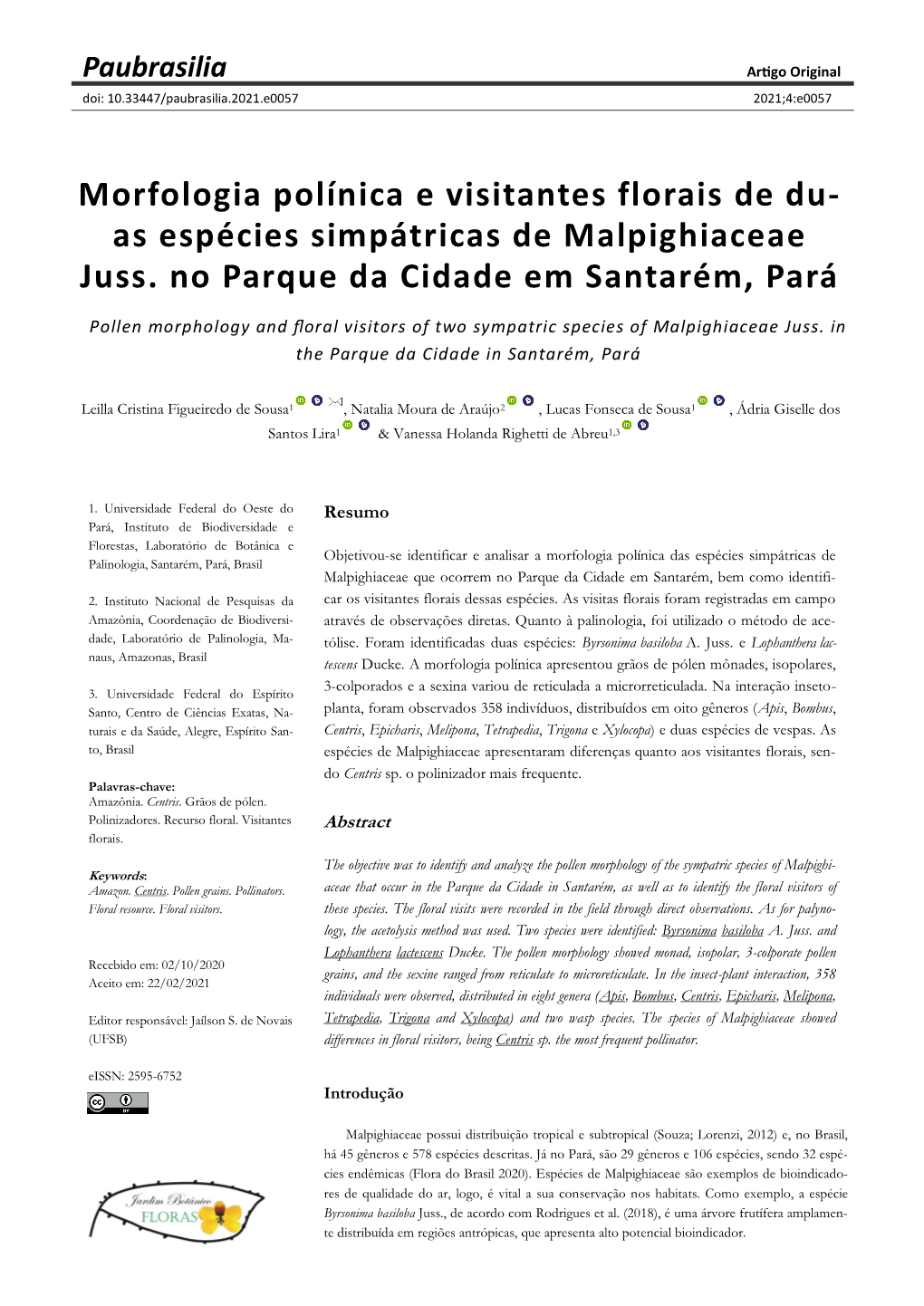 Morfologia Polínica E Visitantes Florais De Du- As Espécies Simpátricas De Malpighiaceae Juss