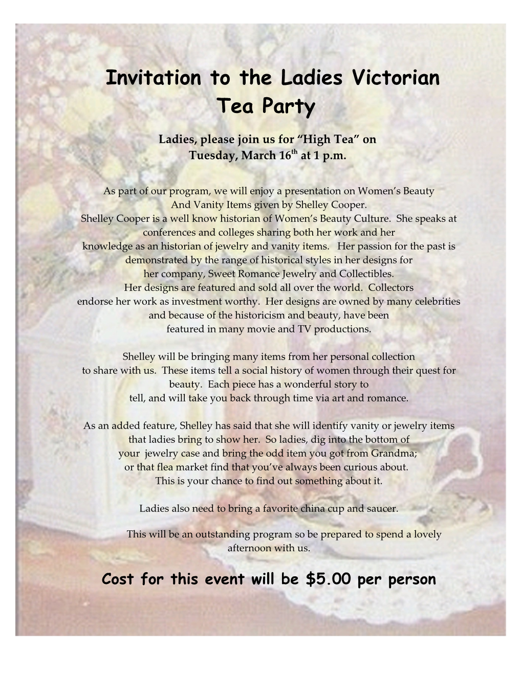 Invitation to the Ladies Victorian Tea Party