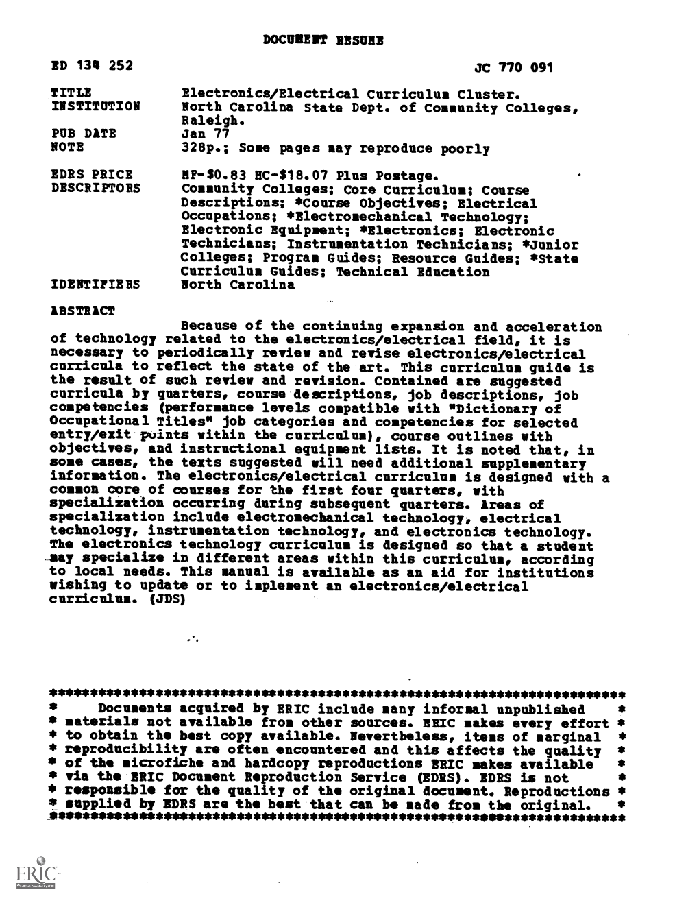 DOCUMENT RESUME ED 134 252 TITLE Electronics/Electrical