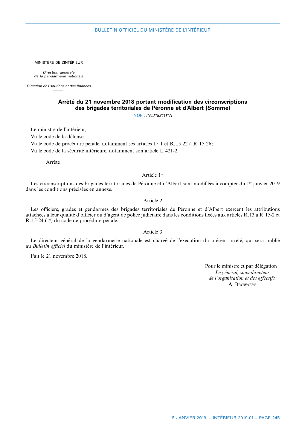 Arrêté Du 21 Novembre 2018 Portant Modification Des Circonscriptions