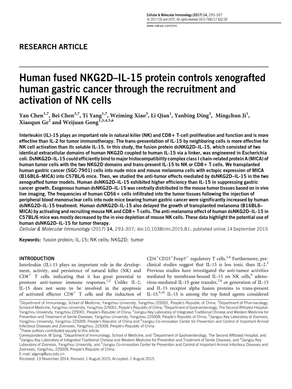 Human Fused NKG2D–IL-15 Protein Controls Xenografted Human Gastric Cancer Through the Recruitment and Activation of NK Cells