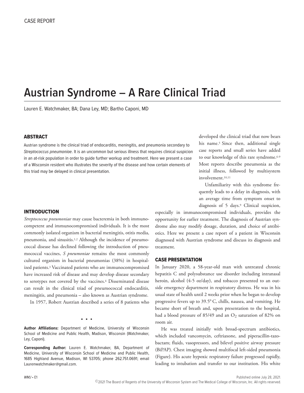 Austrian Syndrome – a Rare Clinical Triad