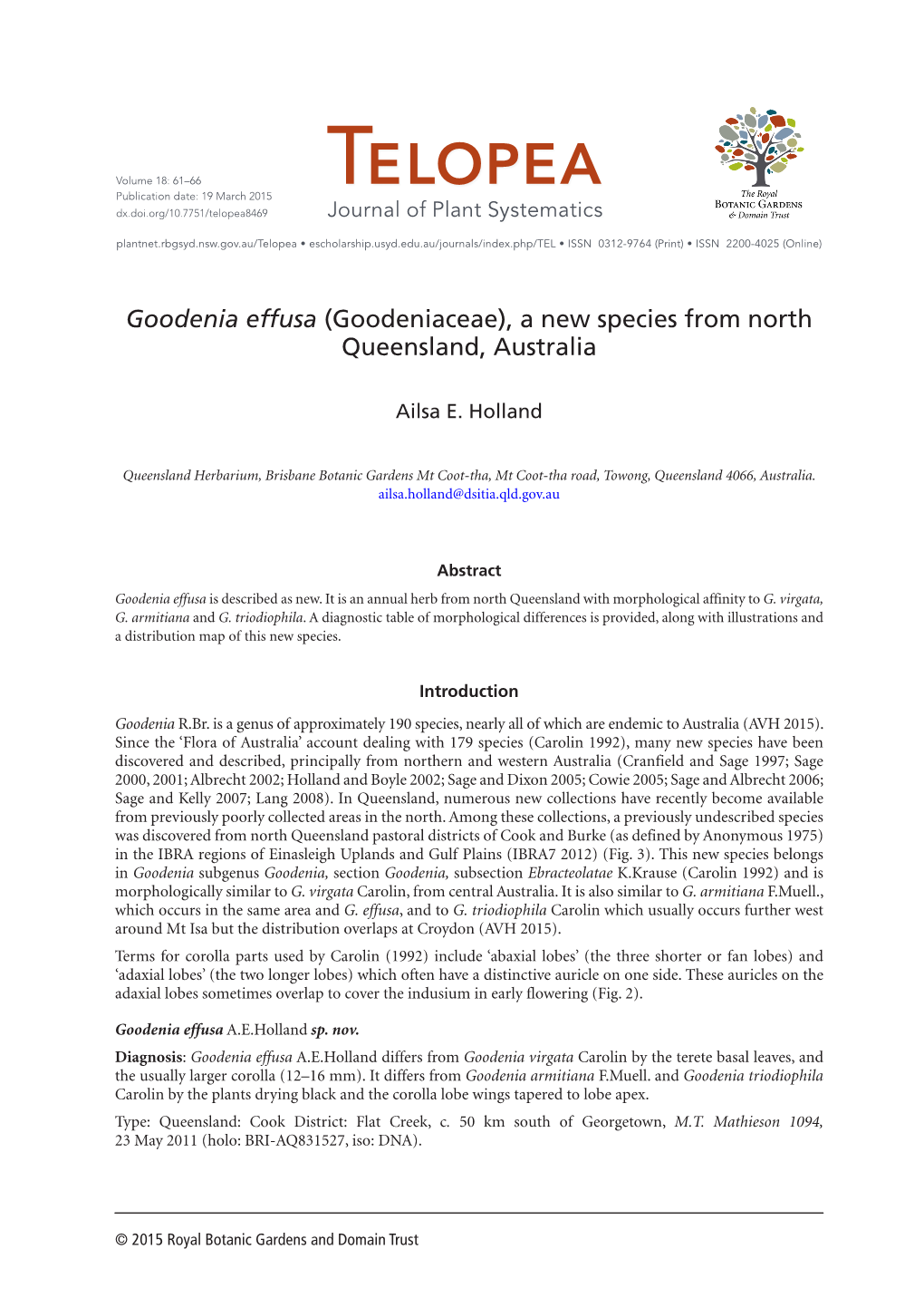 Goodenia Effusa (Goodeniaceae), a New Species from North Queensland, Australia