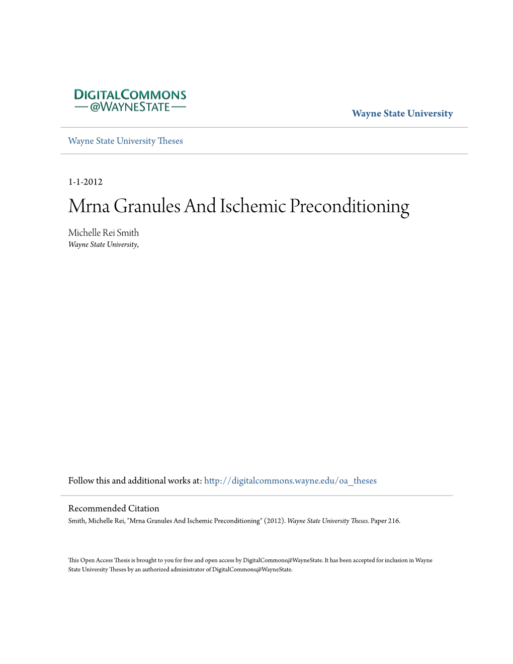 Mrna Granules and Ischemic Preconditioning Michelle Rei Smith Wayne State University
