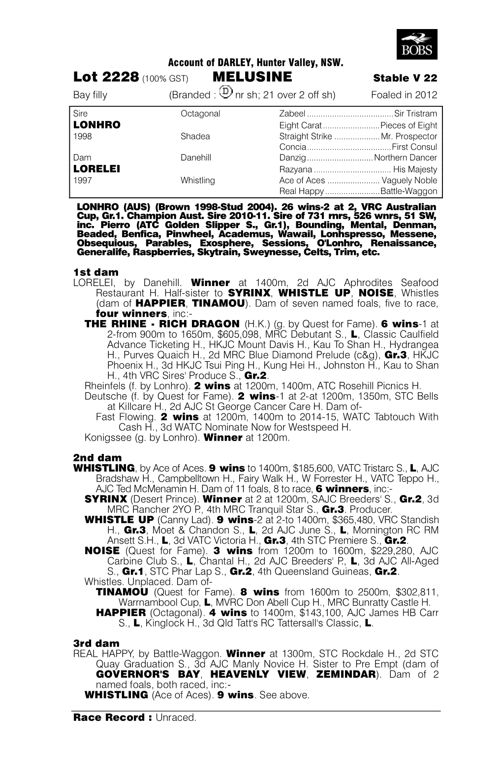 2228 (100% GST) MELUSINE Stable V 22 Bay Filly (Branded : Nr Sh; 21 Over 2 Off Sh) Foaled in 2012