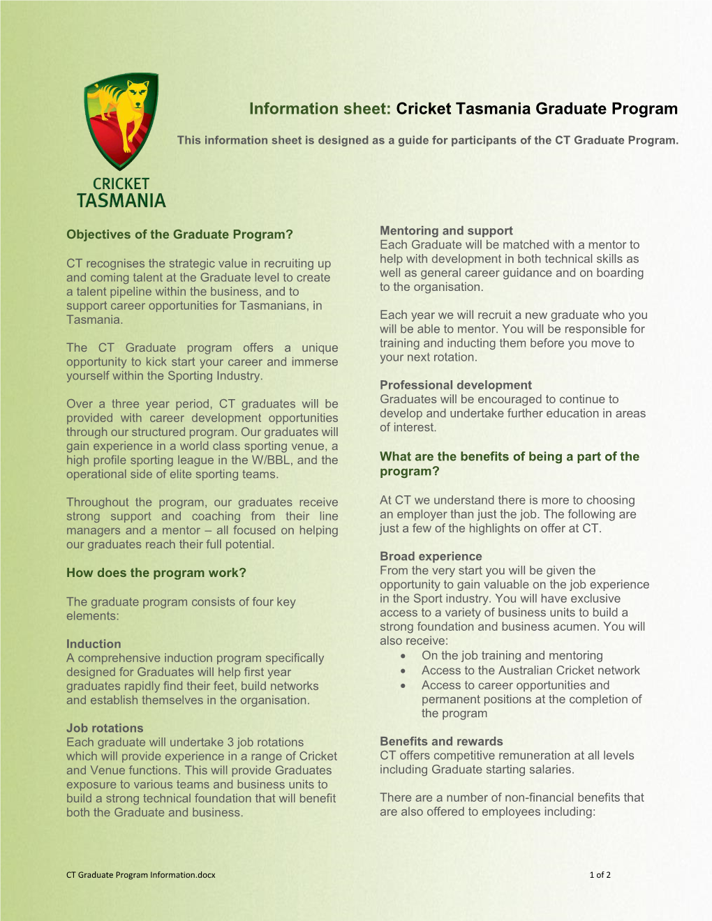 Information Sheet: Cricket Tasmania Graduate Program