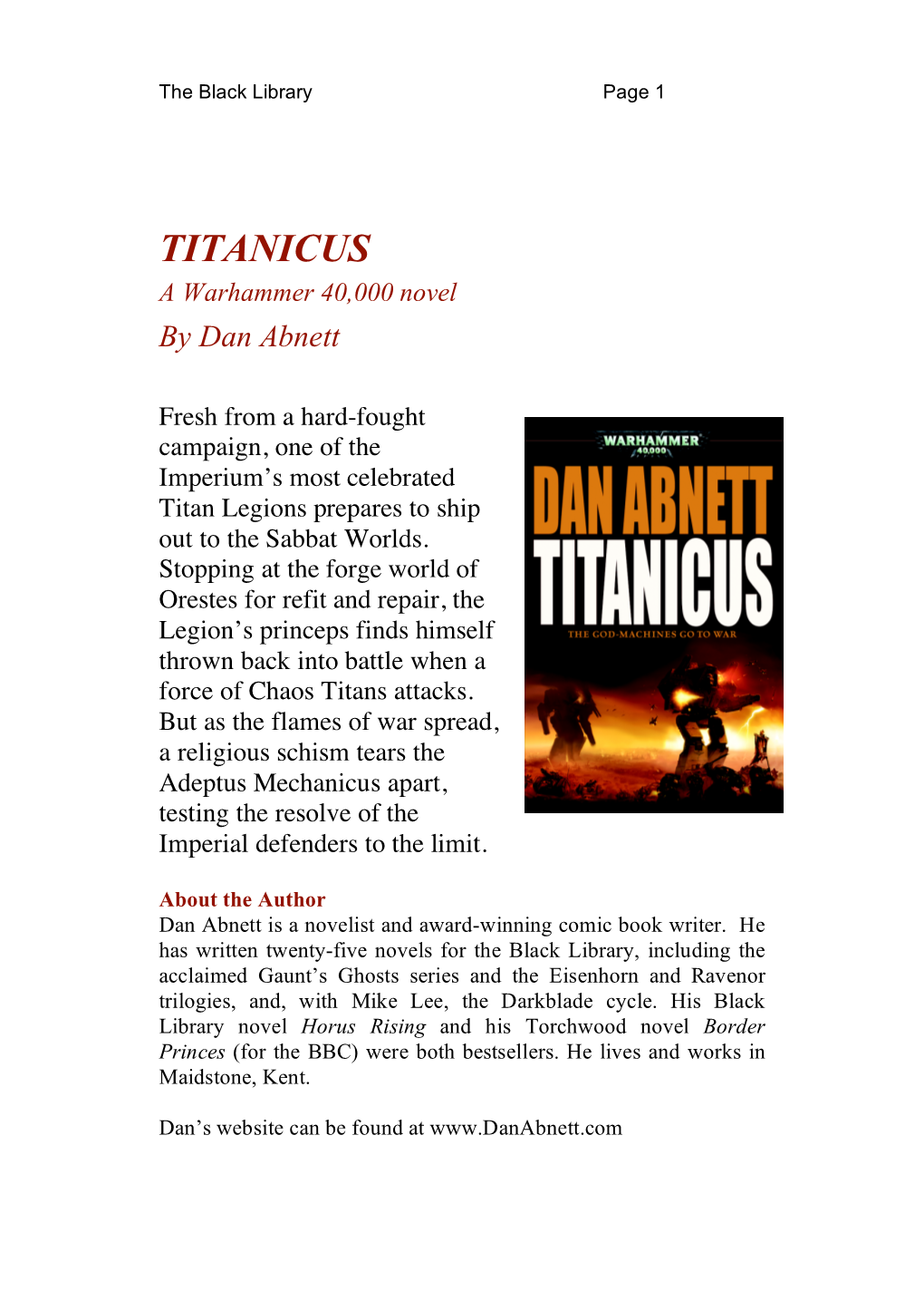 TITANICUS a Warhammer 40,000 Novel by Dan Abnett